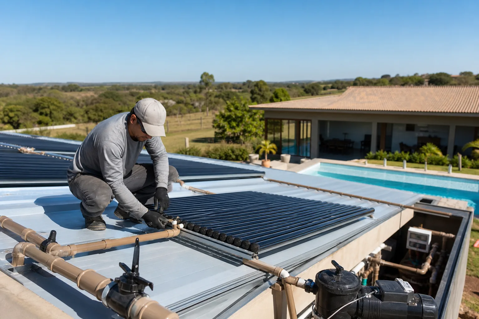 Técnico instalando coletores solares com tubulação e casa de máquinas ao lado de piscina residencial