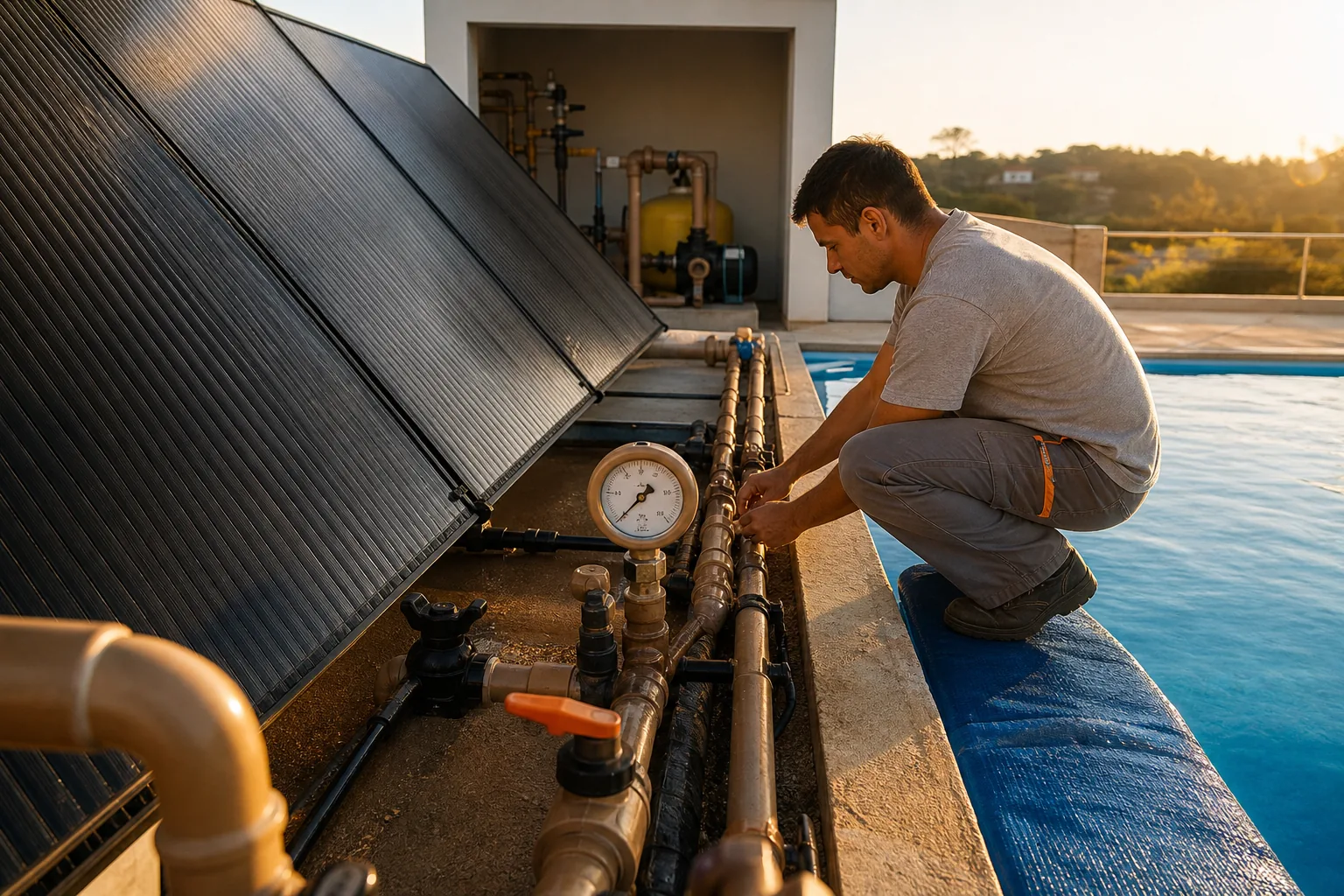 Técnico conferindo registros manômetro e coletores solares pretos próximos à borda de piscina