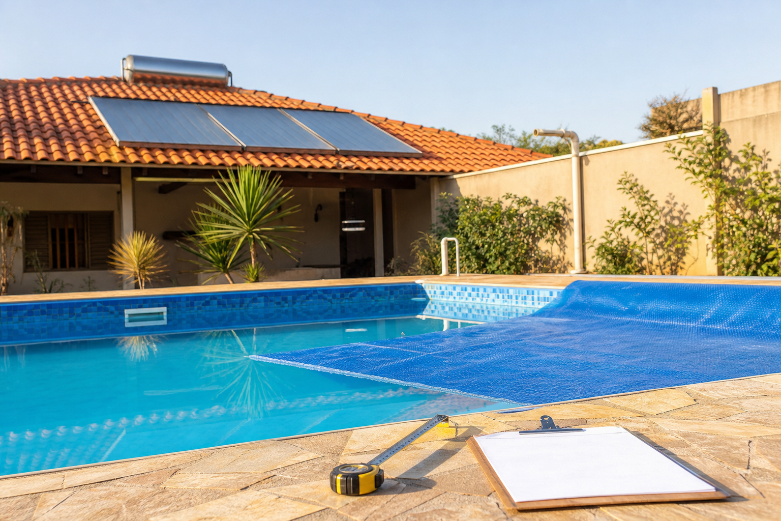 Piscina com capa térmica e coletores solares no telhado para dimensionamento em Montividiu