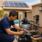 Técnico avaliando casa de máquinas e coletores solares para aquecimento de piscina em Montividiu