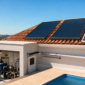 Coletores solares conectados à casa de máquinas e à piscina em Nova Glória, Goiás