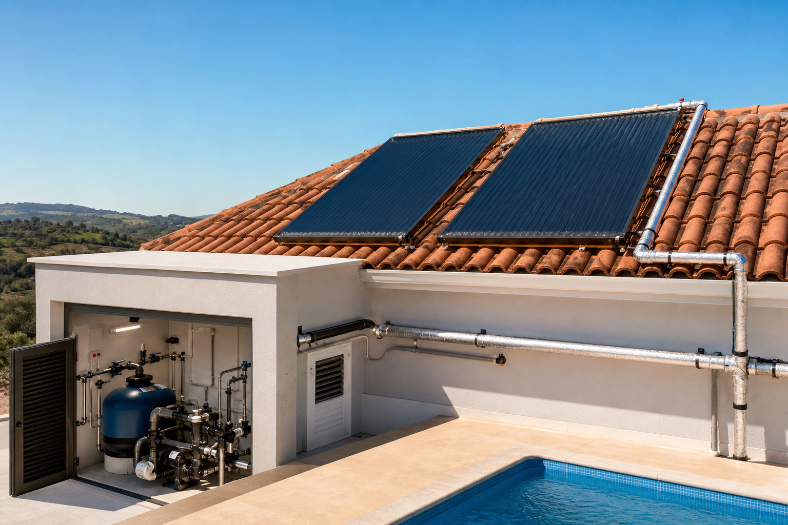 Coletores solares conectados à casa de máquinas e à piscina em Nova Glória, Goiás