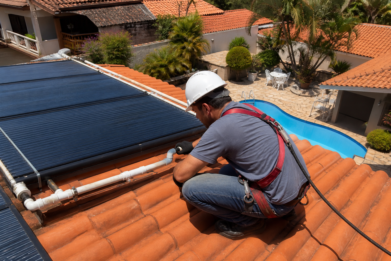 Técnico verificando placas de aquecimento solar de piscina no telhado