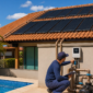 Placas de aquecimento solar de piscina e técnico conferindo válvulas