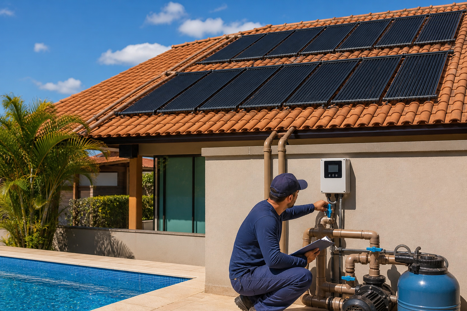 Placas de aquecimento solar de piscina e técnico conferindo válvulas