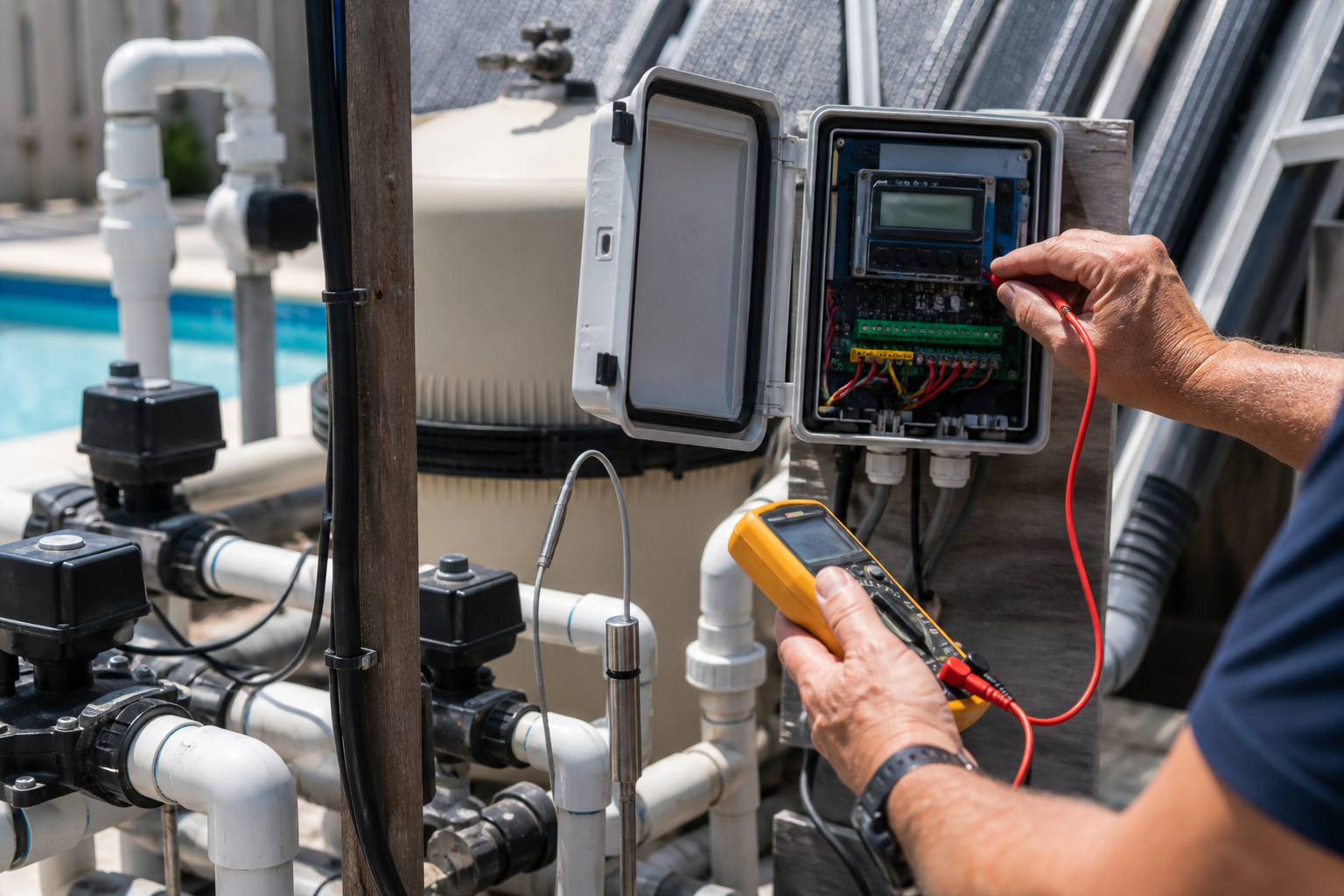 Controlador, sensor e tubulação de aquecimento solar de piscina