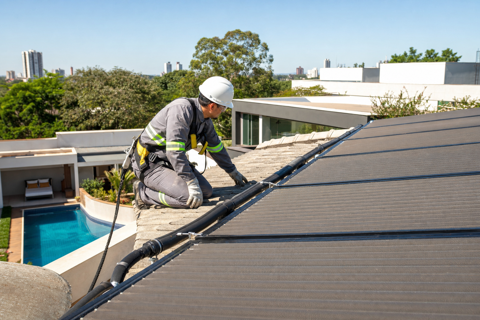 Técnico verificando coletores de aquecimento solar de piscina no telhado