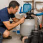 Técnico verificando filtro de areia manômetro e válvula de piscina