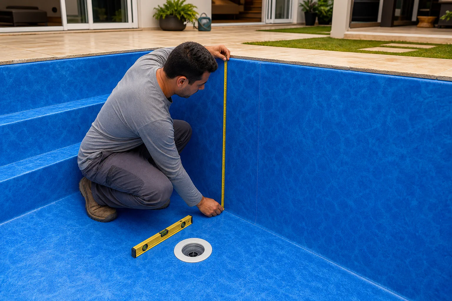 Profissional medindo a profundidade de piscina de vinil com trena e nível