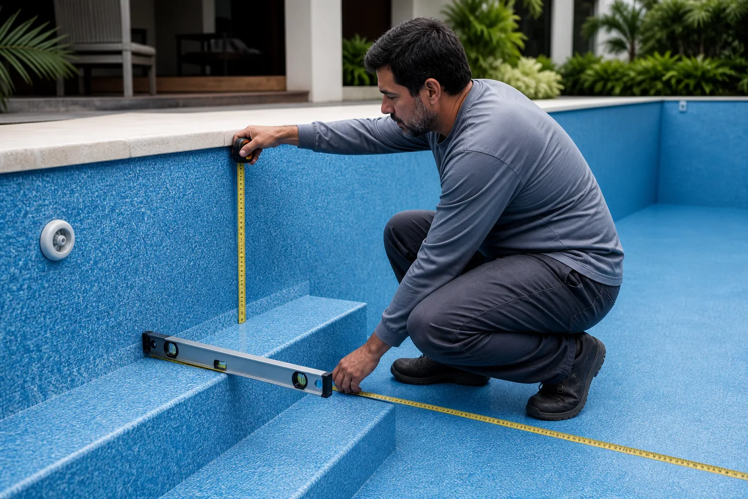 Profissional medindo e conferindo o revestimento de vinil de uma piscina com nível e trena