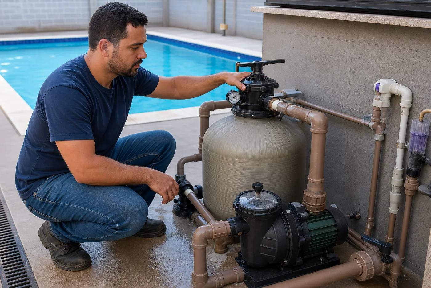 Técnico ajustando bomba, válvulas e conexões hidráulicas em casa de máquinas de piscina no Parque Real