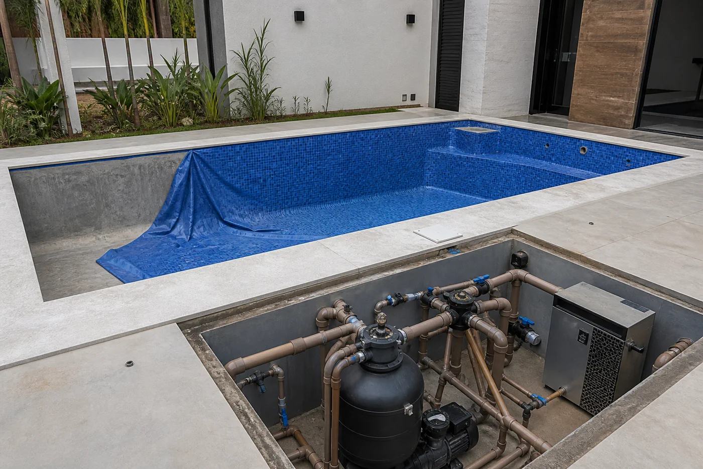 Filtro, bomba, registros e tubulações preparados para uma piscina residencial no Setor Bueno Sul, Goiânia