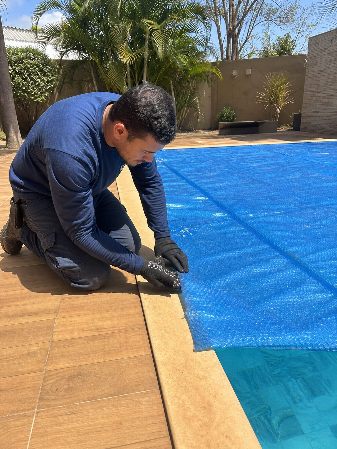 Técnico verificando capa térmica sobre piscina residencial