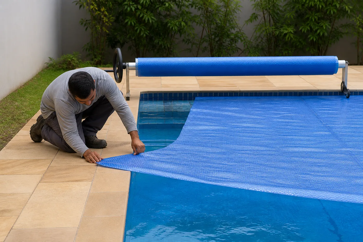 Técnico ajustando capa térmica azul com rolo enrolador em piscina residencial