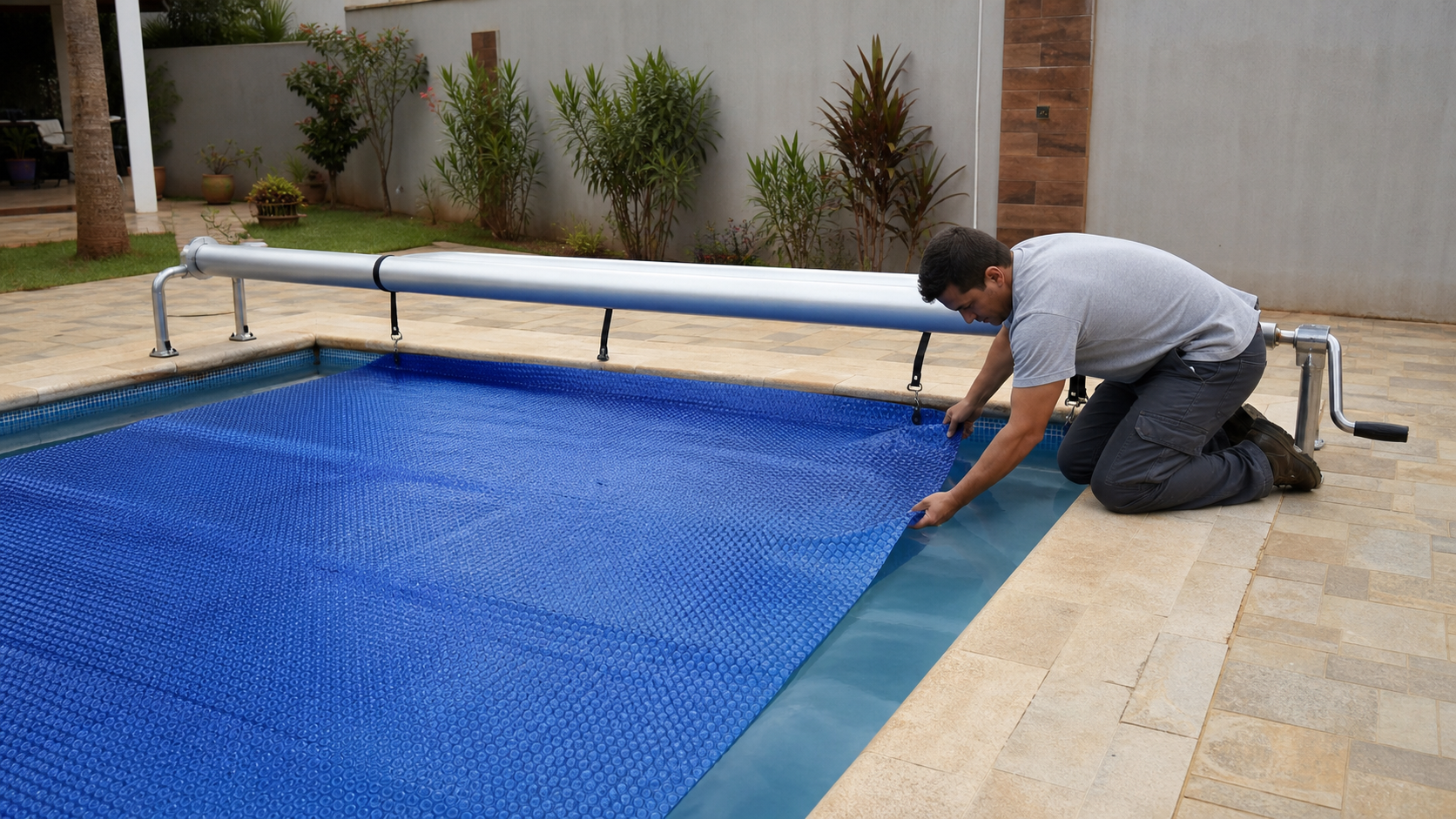 Técnico conferindo a borda de uma capa térmica azul instalada sobre piscina residencial, com enrolador metálico ao lado