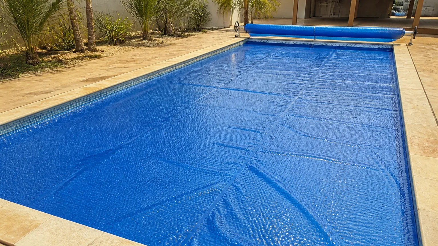 Capa térmica azul com bolhas cobrindo uma piscina residencial e rolo enrolador na borda
