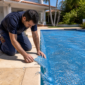Técnico avaliando capa térmica de piscina com bolhas gastas e rasgo lateral
