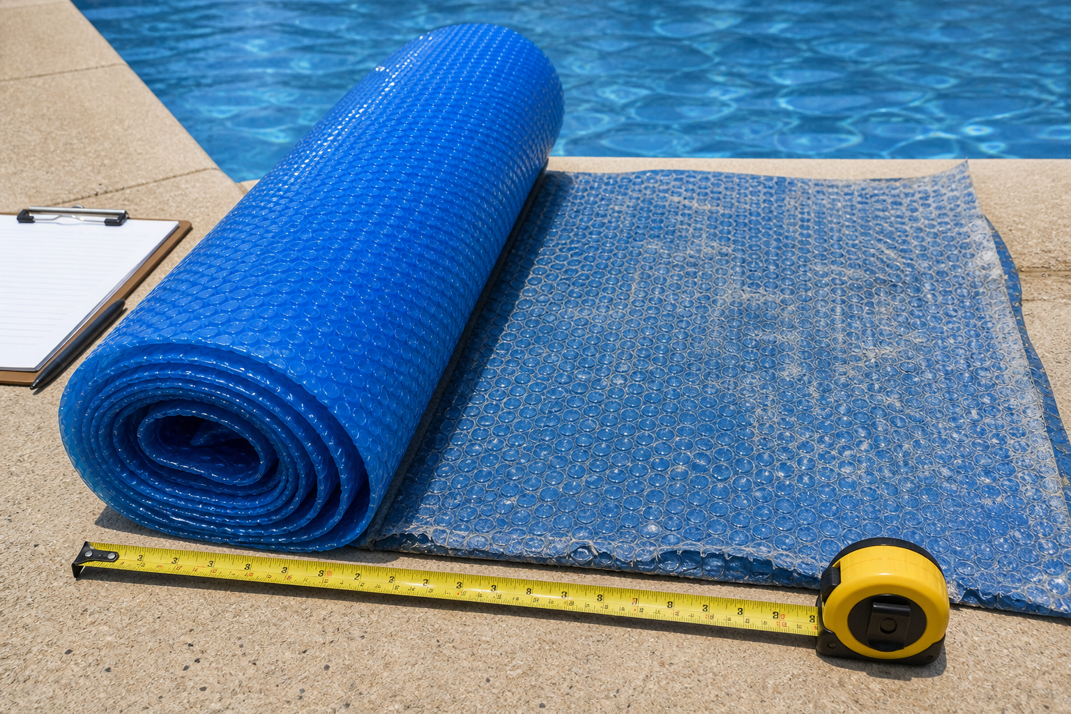 Capa térmica nova e capa térmica antiga comparadas na borda da piscina
