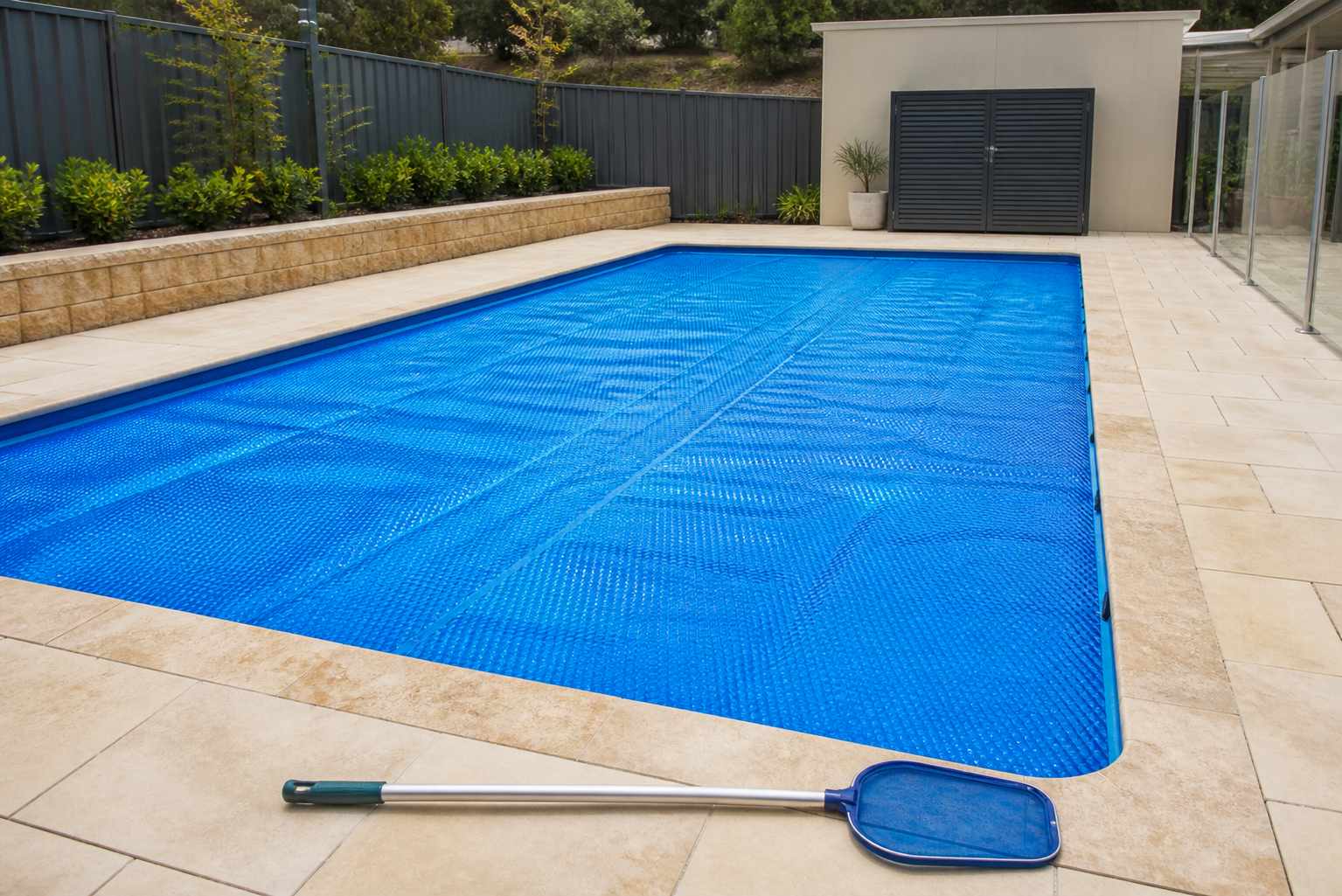 Capa térmica azul ajustada sobre piscina residencial durante uma viagem