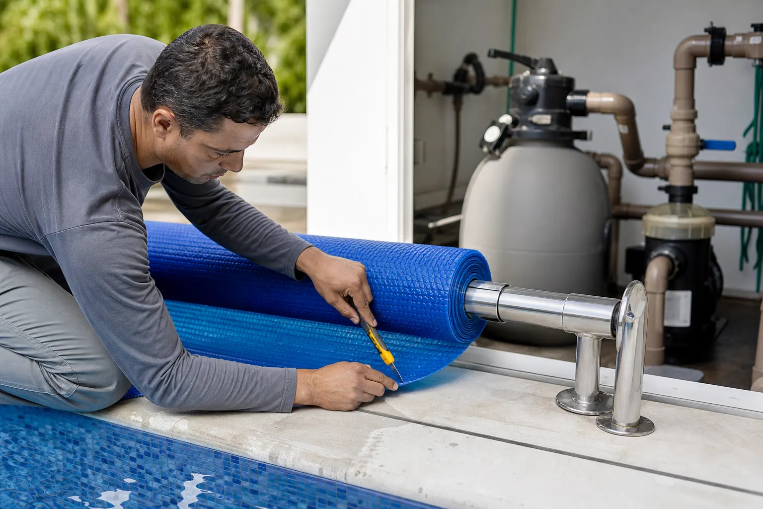 Técnico ajustando capa térmica azul em enrolador ao lado da piscina com filtro e tubulações ao fundo