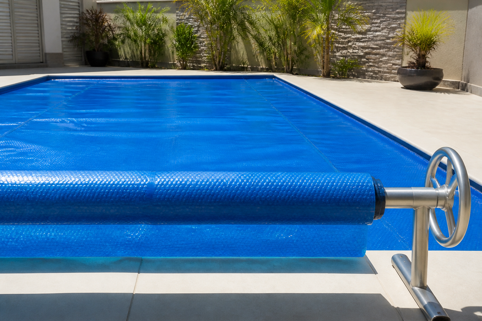 Técnico conferindo a borda de uma capa térmica azul instalada sobre piscina residencial, com enrolador metálico ao lado