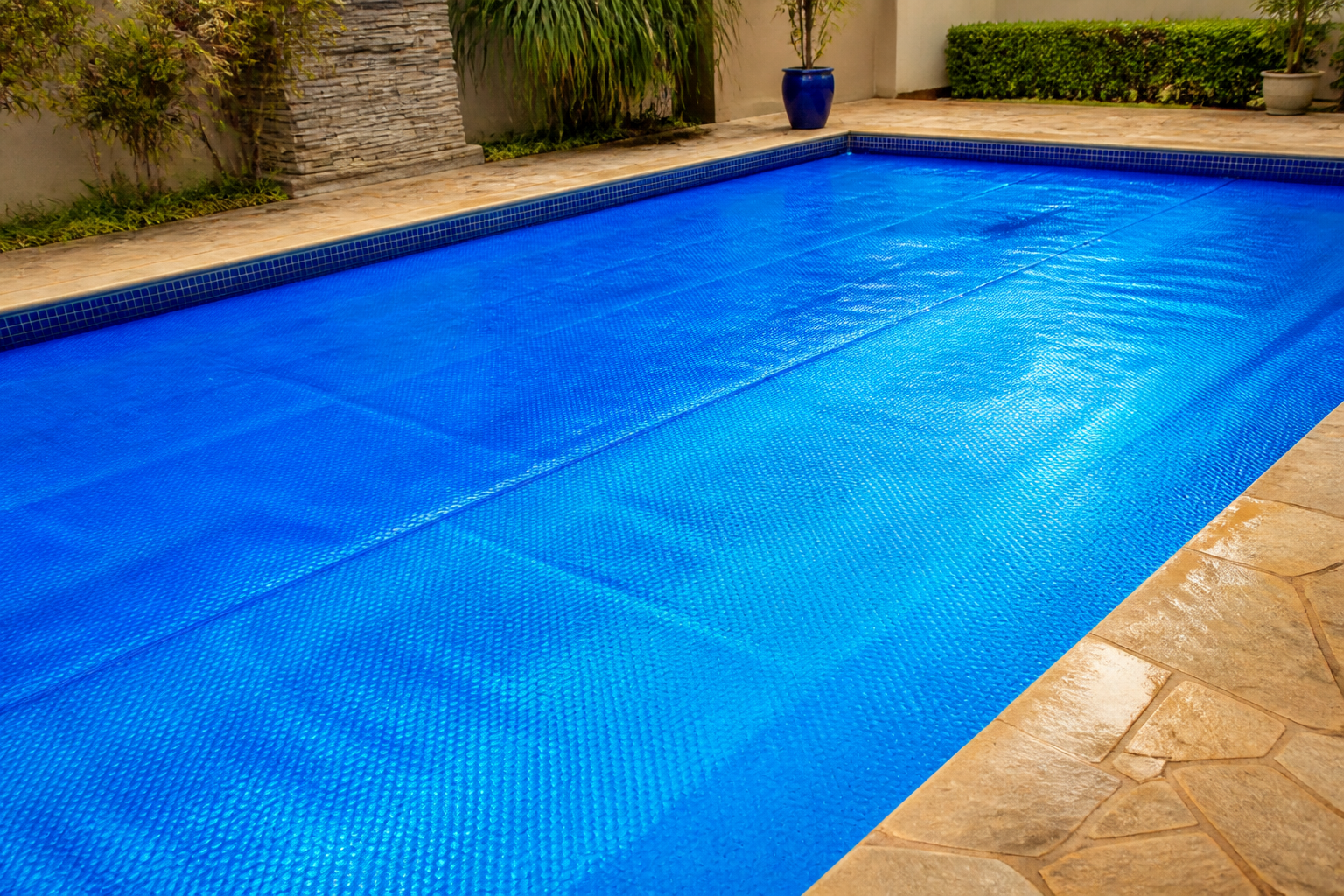 Capa térmica azul instalada sobre piscina residencial em Leopoldo de Bulhões