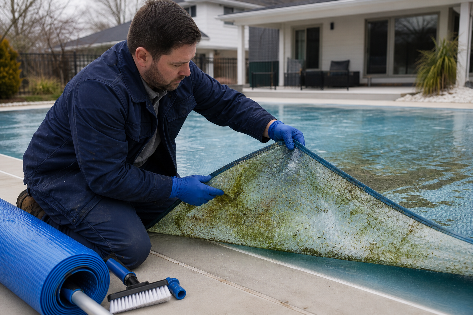 Técnico avaliando capa térmica de piscina com umidade e sujeira