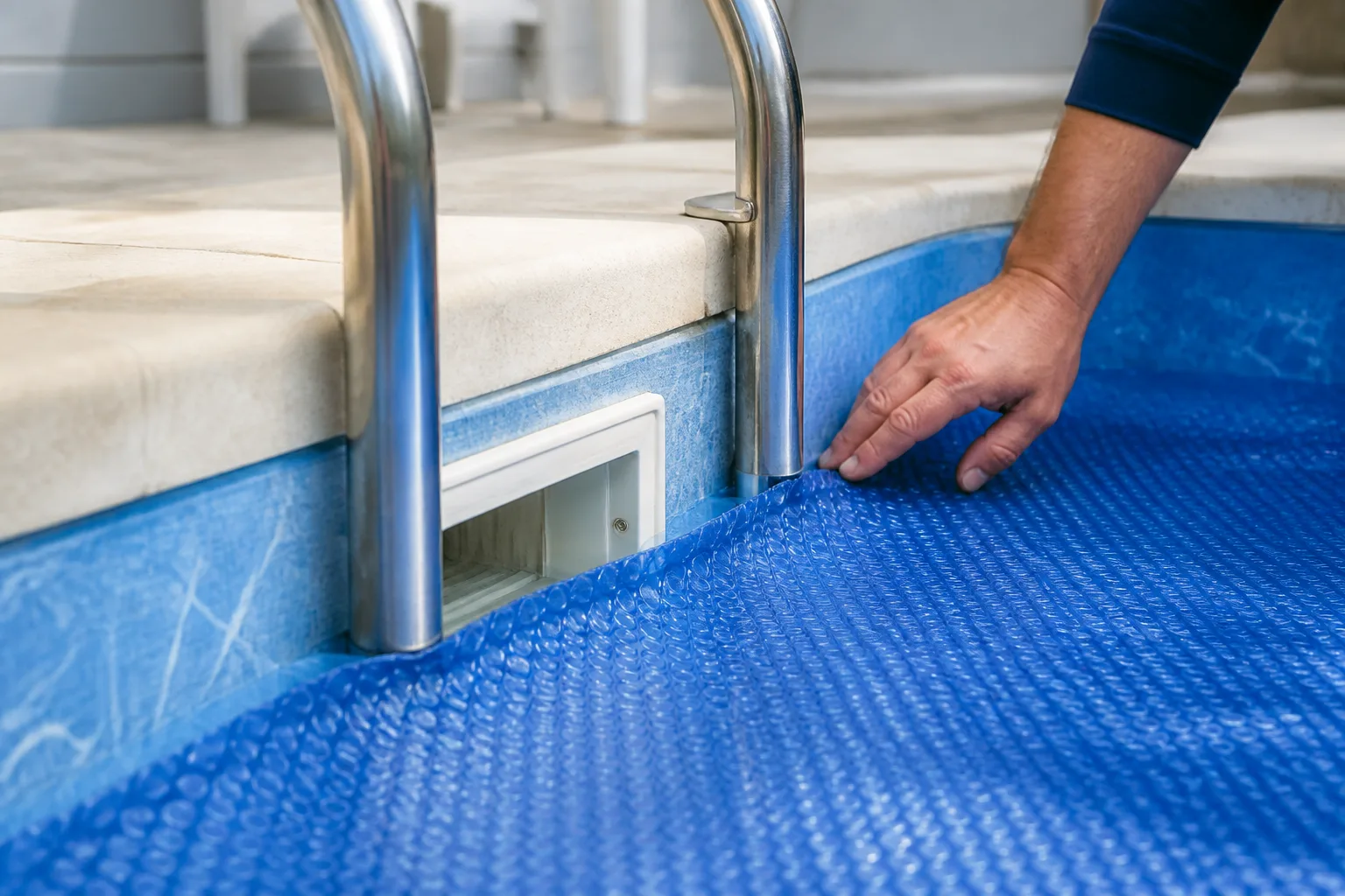 Detalhe de capa térmica de bolhas azul ajustada perto de escada e dispositivo da piscina