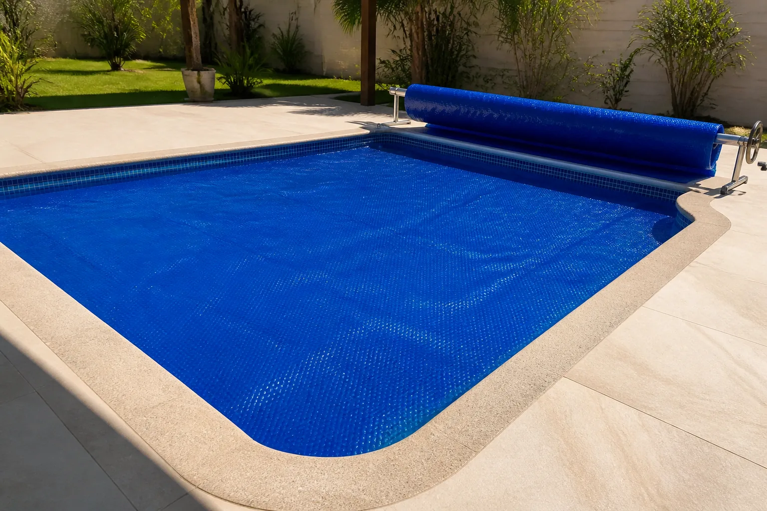 Capa térmica azul de bolhas instalada sobre piscina residencial em Nova Veneza