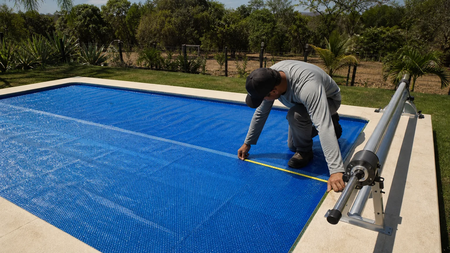 Técnico medindo capa térmica azul instalada sobre piscina residencial com enrolador lateral metálico