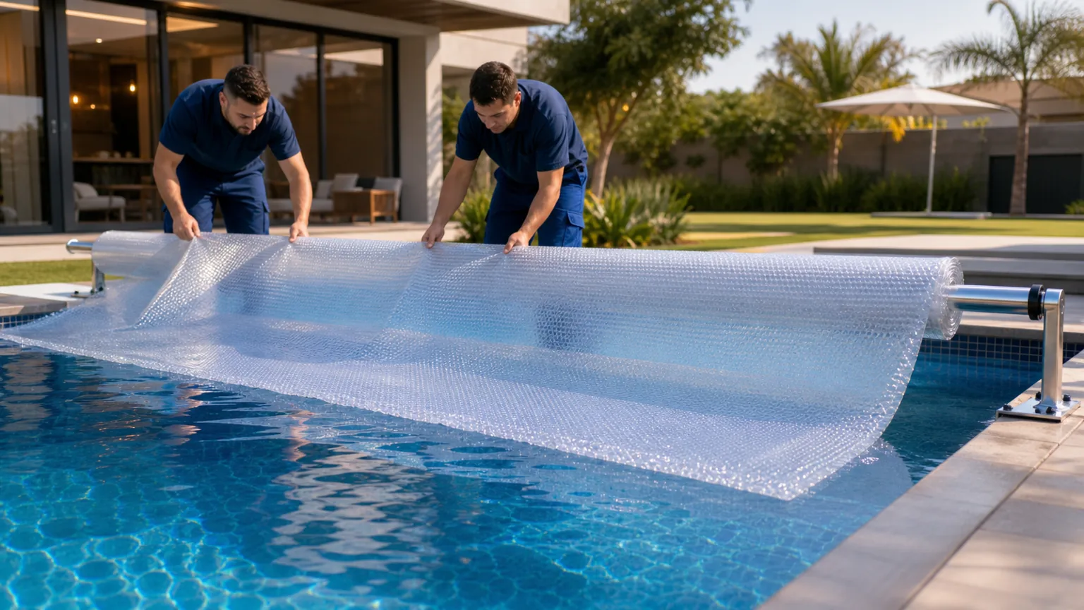 Dois técnicos desenrolando capa térmica translúcida sobre piscina residencial com enrolador metálico