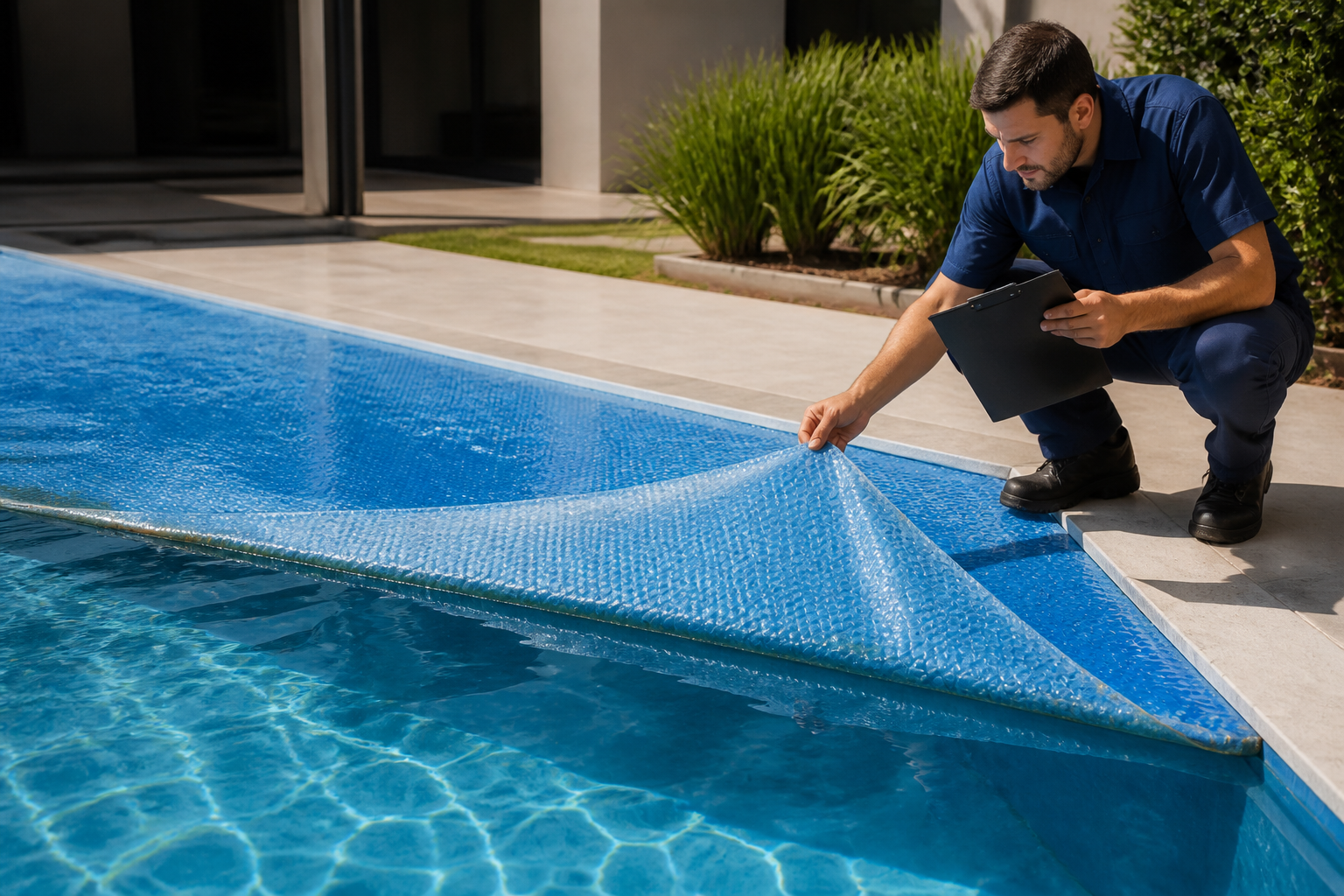 Capa térmica de piscina com desgaste e técnico analisando a manta
