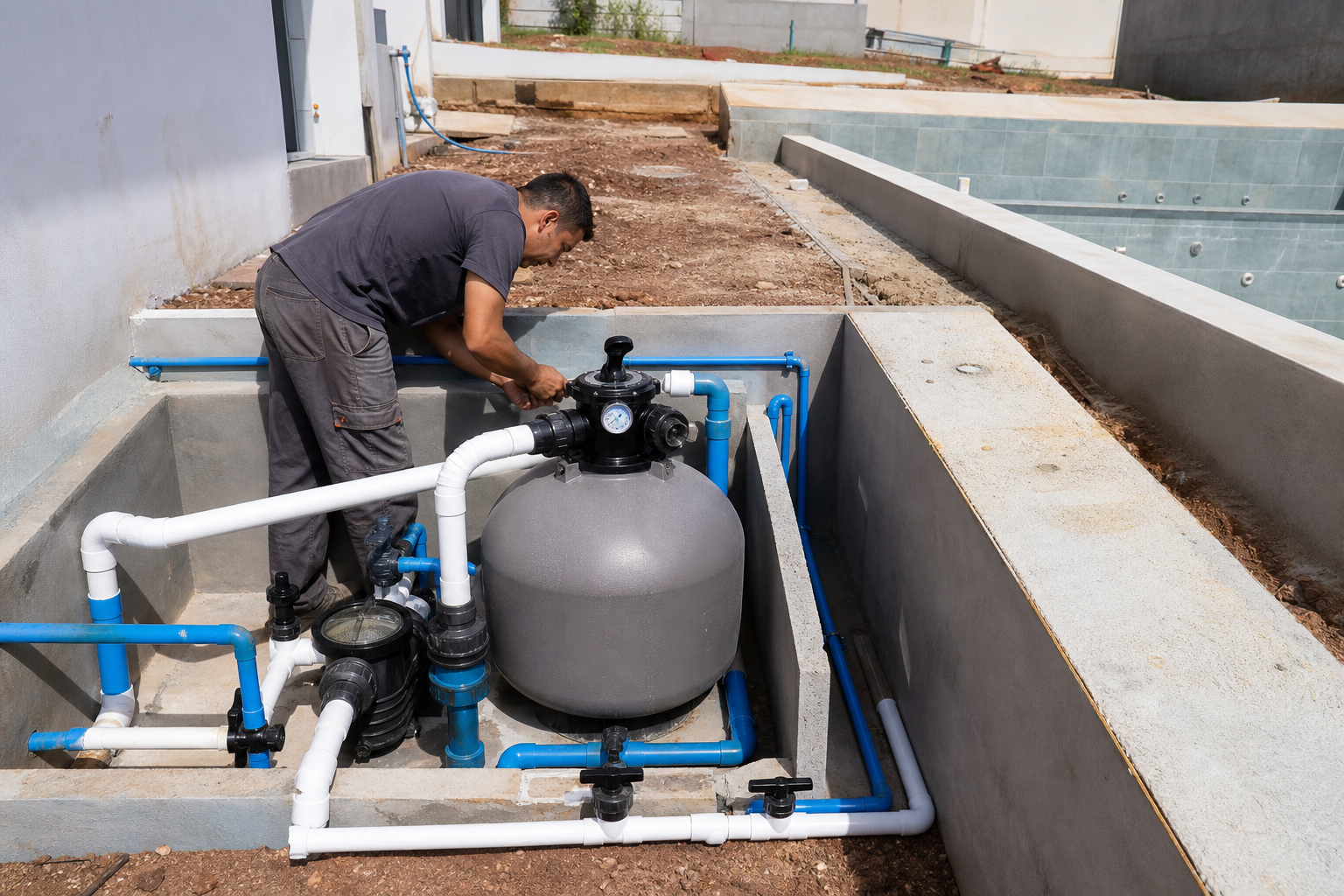Técnico revisando filtro de areia bomba registros manômetro e tubulações de casa de máquinas de piscina