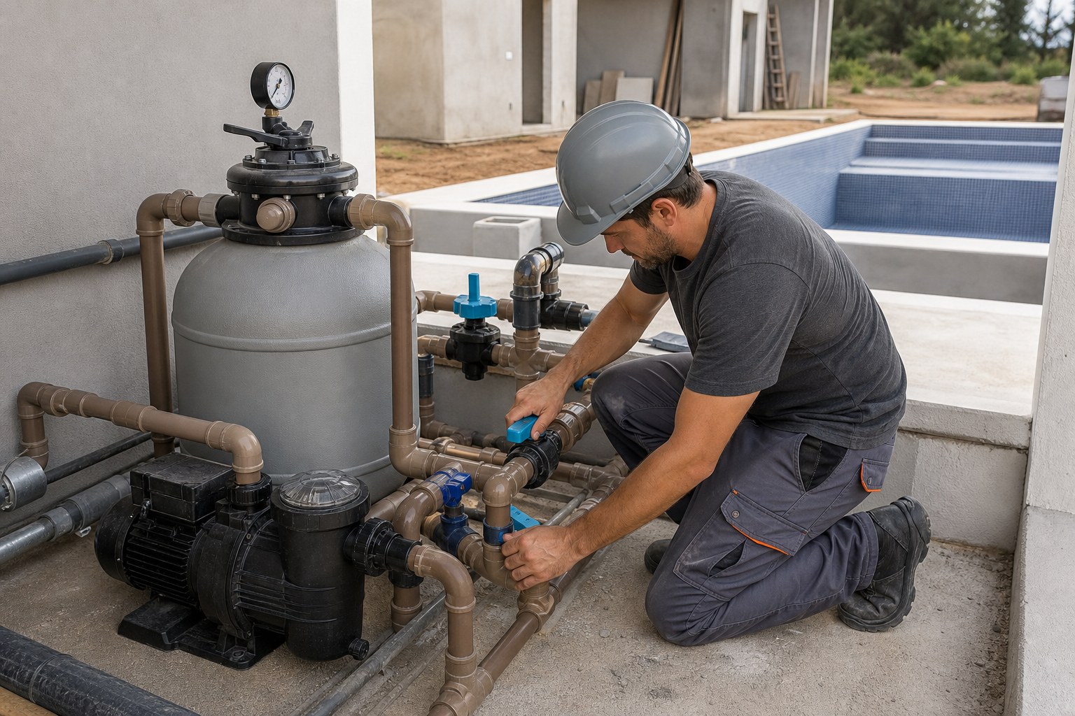 Técnico ajustando filtro bomba registros manômetro e tubulações de casa de máquinas de piscina