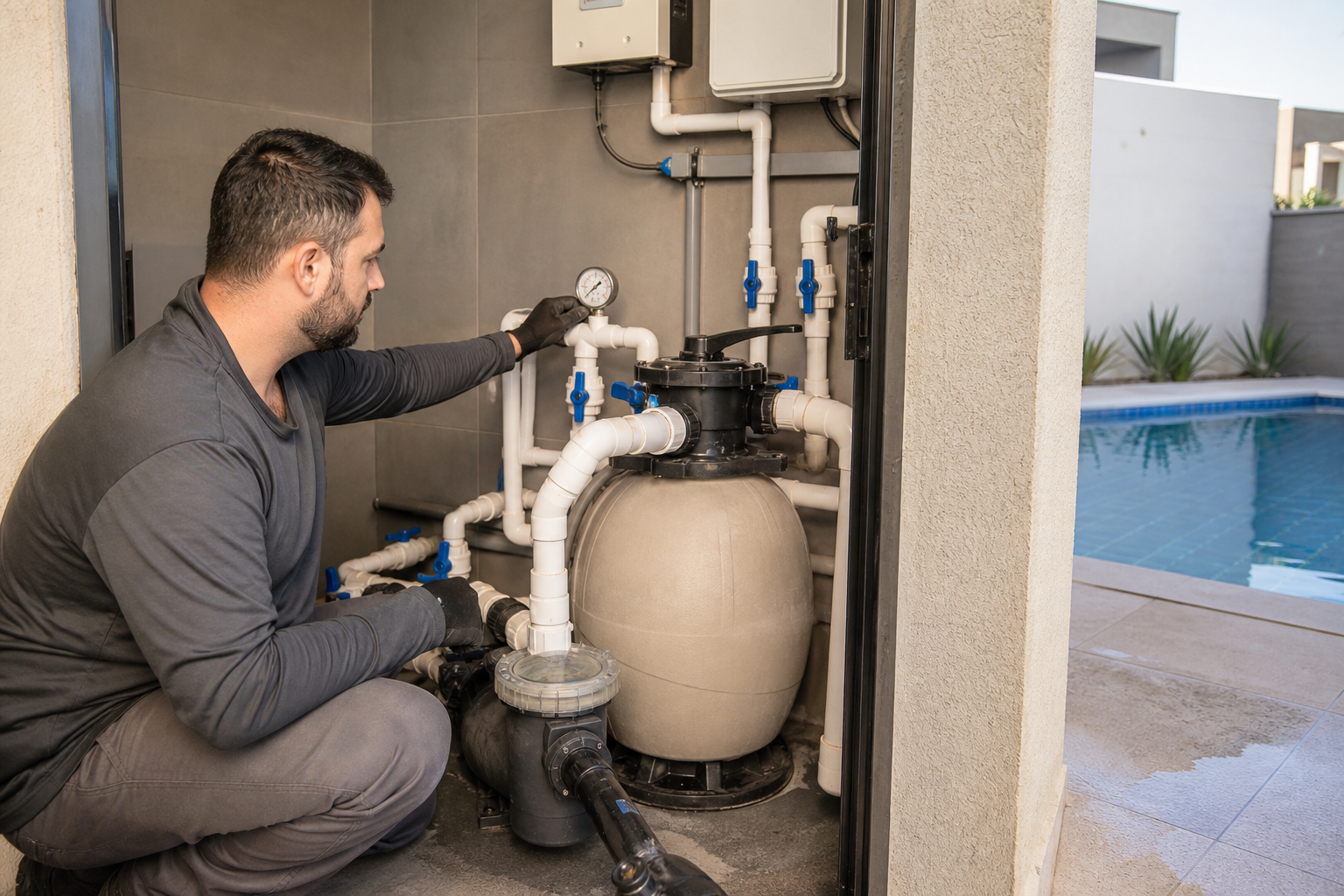 Técnico verificando manômetro válvulas bomba e filtro na casa de máquinas de uma piscina residencial