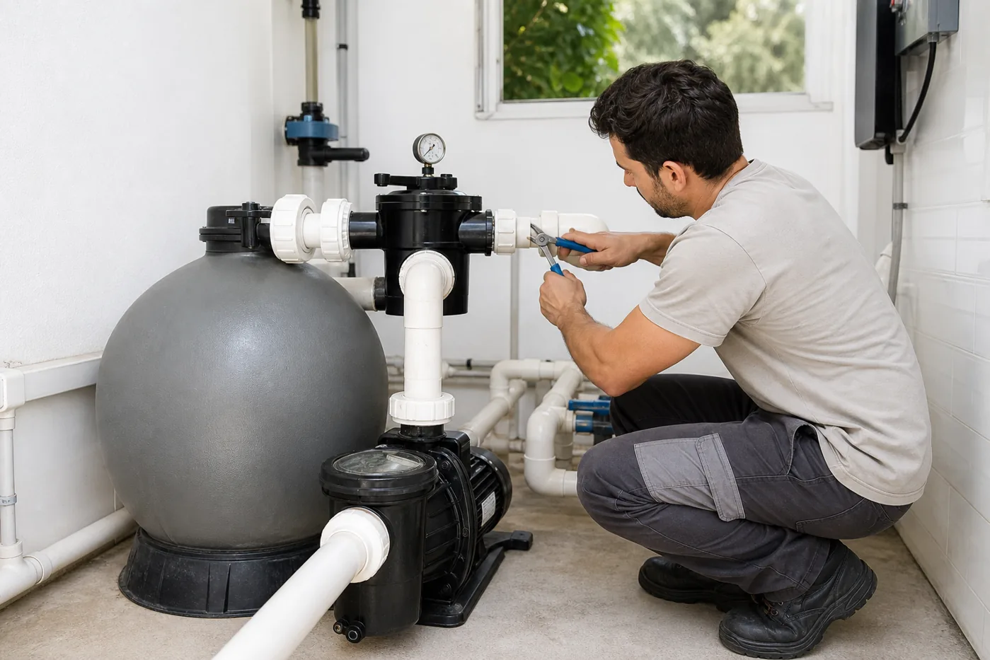 Técnico ajustando filtro bomba registros manômetro e tubulações de casa de máquinas de piscina