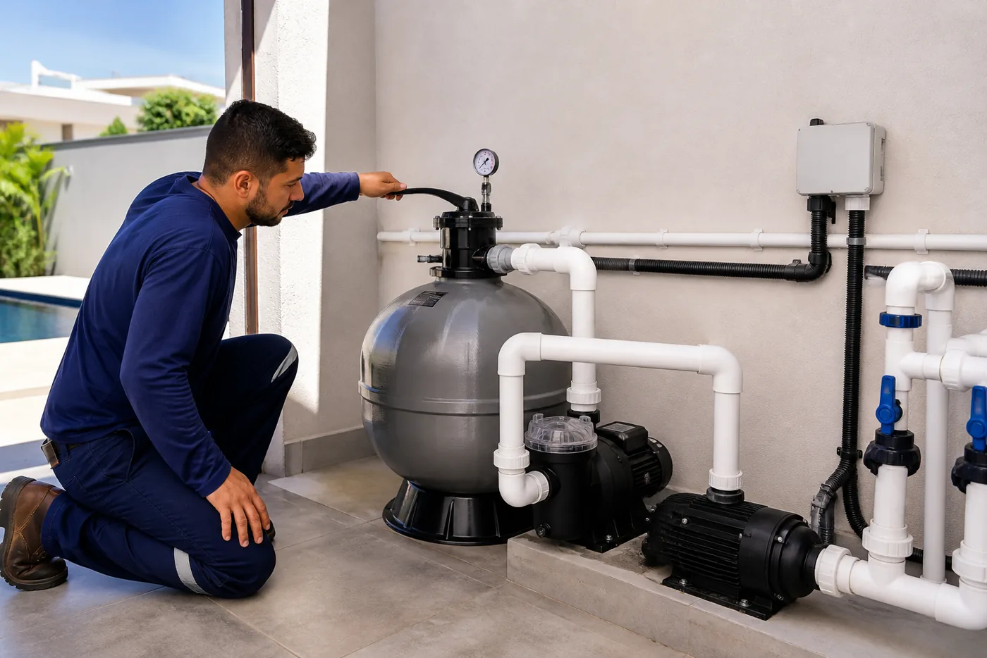 Técnico inspecionando filtro de areia, bomba e tubulação de casa de máquinas de piscina