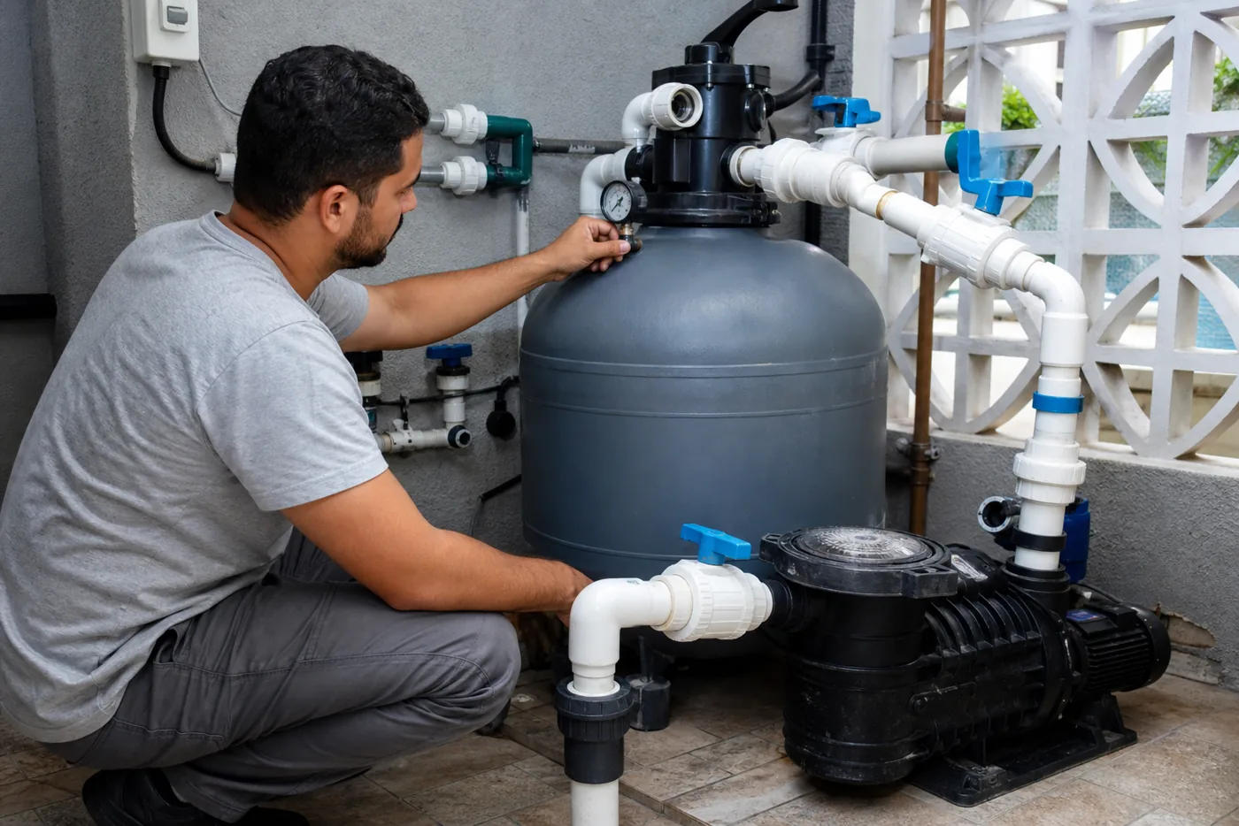 Técnico conferindo manômetro em filtro de areia com bomba e tubulação de piscina residencial