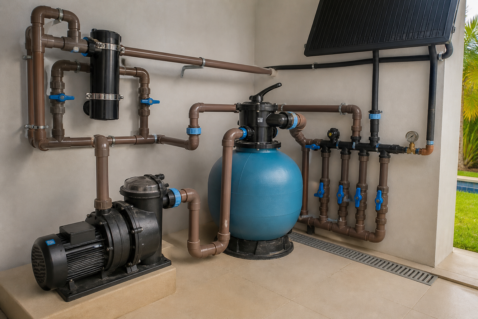 Casa de máquinas com bomba, filtro e conexões para aquecimento solar de piscina
