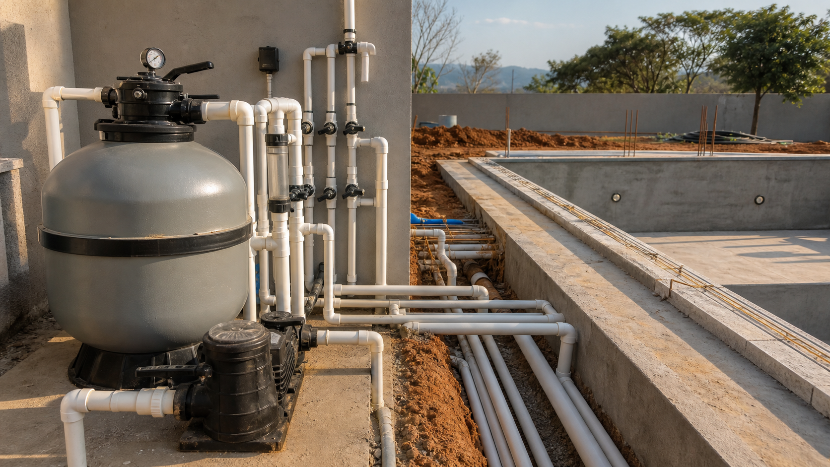 Bomba, filtro de areia e tubulações organizadas ao lado de uma piscina em construção
