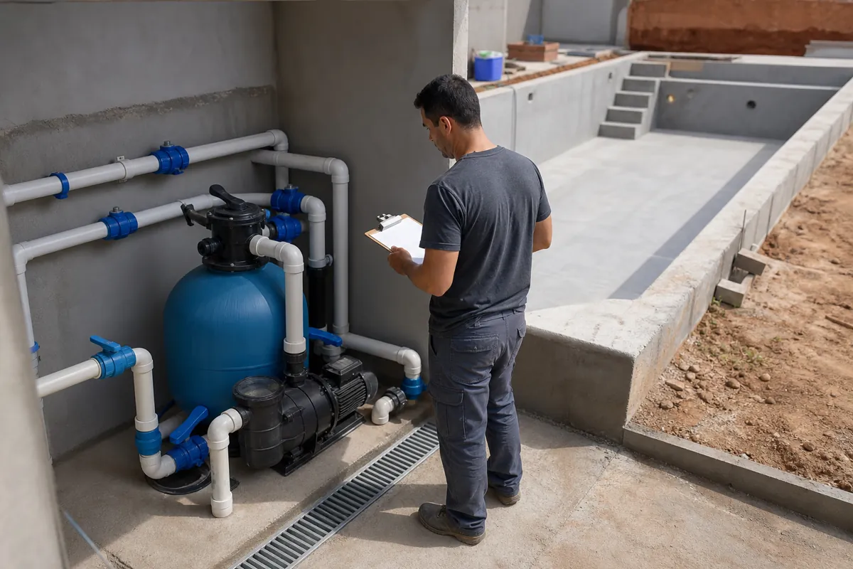 Bomba filtro de areia registros e tubulações instalados ao lado de piscina em obra com técnico revisando hidráulica