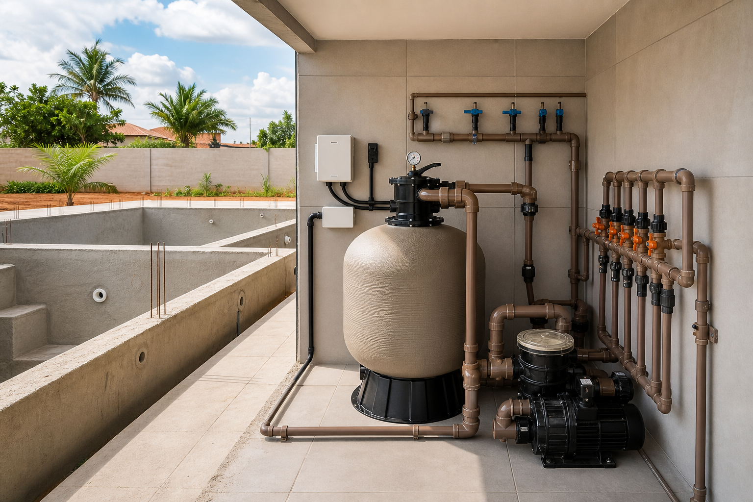 Bomba, filtro de areia, manômetro, válvulas e tubulações organizadas ao lado de uma piscina em construção