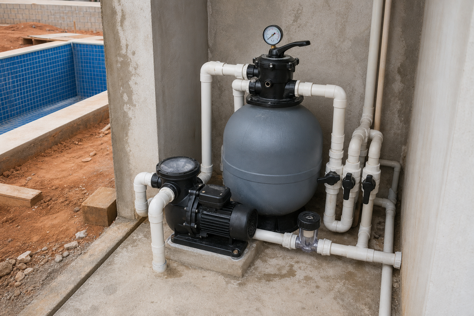 Bomba, filtro de areia, manômetro, válvulas e tubulações organizadas ao lado de uma piscina em construção