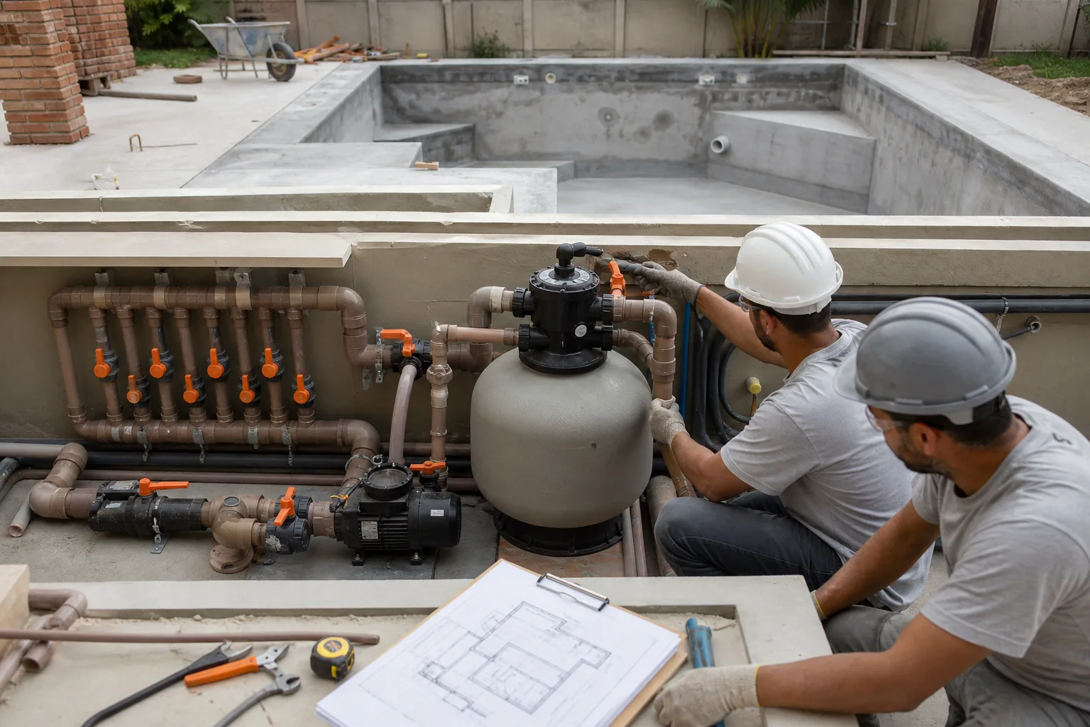 Técnicos ajustando filtro, bomba, registros e tubulações ao lado de piscina residencial em construção