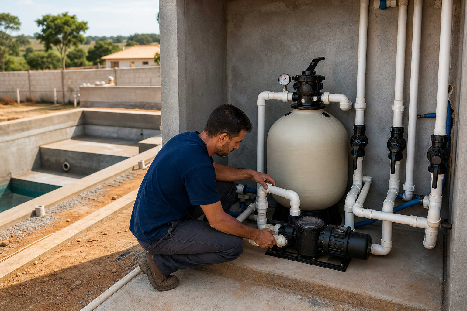 Bomba, filtro de areia, manômetro, válvulas e tubulações organizadas ao lado de uma piscina em construção