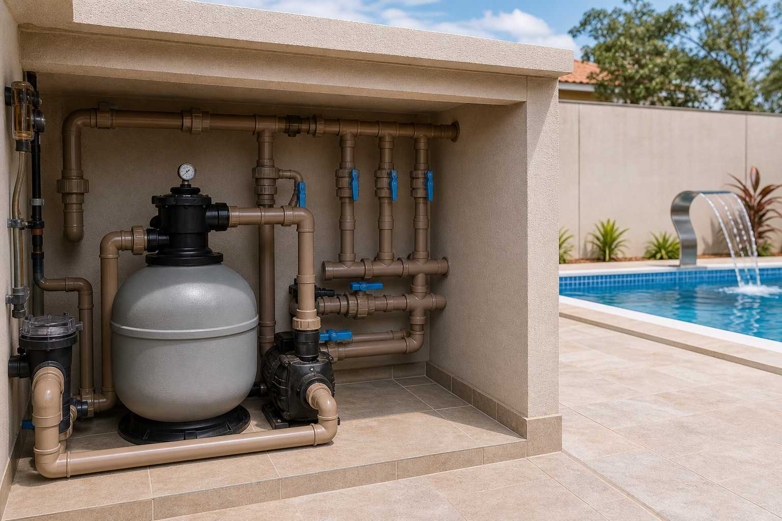 Casa de máquinas com bomba, filtro de areia, válvulas e tubulações organizadas ao lado de uma piscina