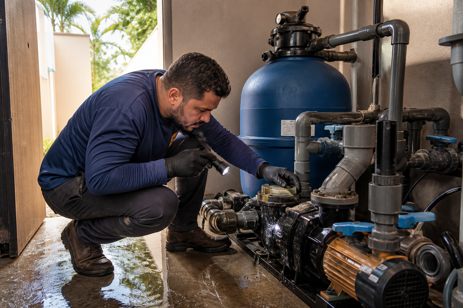 Técnico inspecionando vazamento na casa de máquinas da piscina