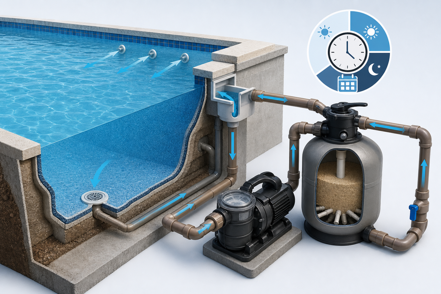Esquema visual do ciclo de filtragem da piscina, da sucção pelo skimmer e ralo à bomba, filtro de areia e retornos.