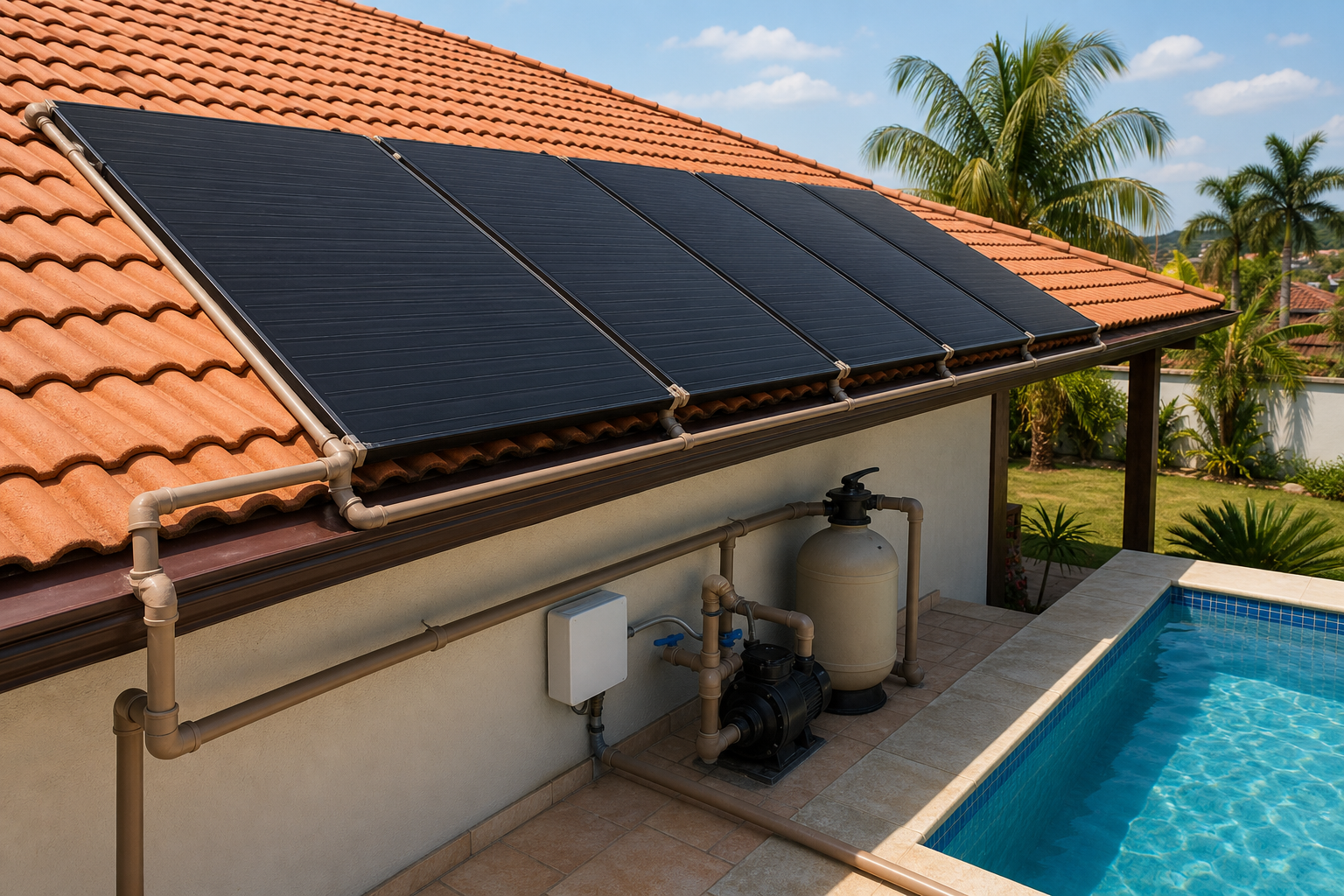 Coletores solares no telhado com tubulação ligada à piscina em Nova Glória, Goiás