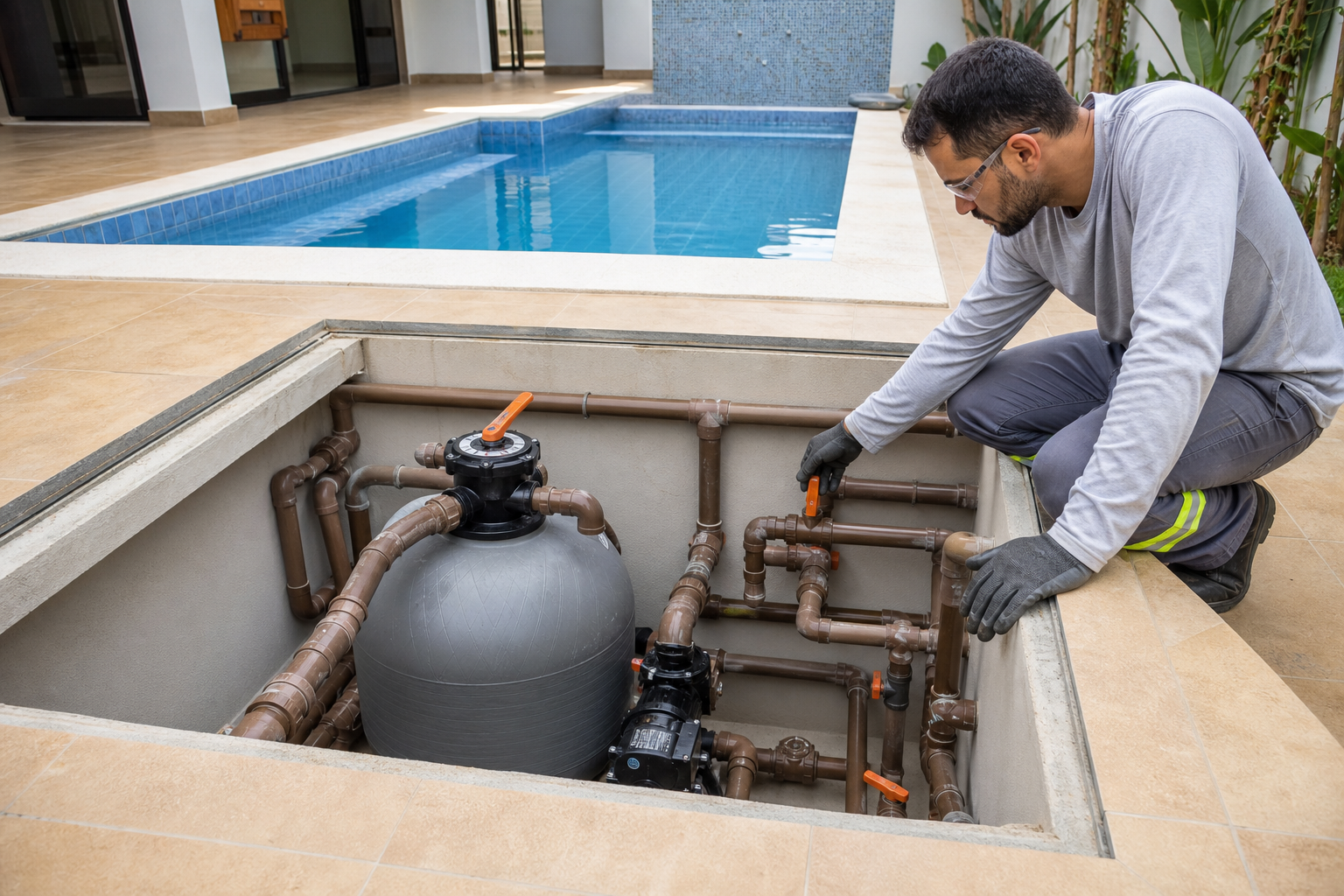 Casa de máquinas com filtro, motobomba e registros em piscina construída em Aragoiânia